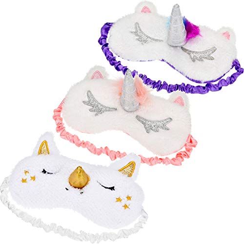 Tatuo 3 Pieces Unicorn Sleeping Mask Unicorn Horn Eye Cover Soft Plush Blindfold for Bed Flight Car Camping Use