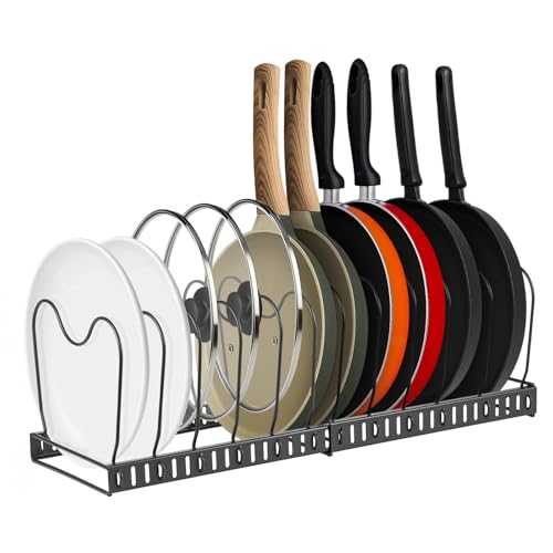 CROWNSHOP Pans Organiser Rack Expandable Pots and Pans Holder with Adjustable Compartment for Kitchen Storage Organisation