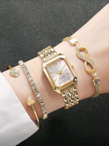 4pcs/Set Women's Elegant Square Roman Numeral Dial Stainless Steel Band Quartz Watch + Bracelet Set, Fashion Casual (Gold)