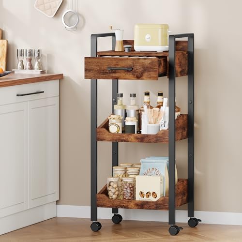 Hoctieon 3-Tier Rolling Storage Cart with Drawer, Rolling Utility...