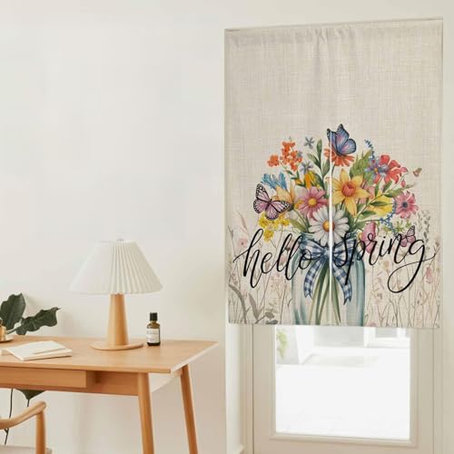 のれん 遮光 おしゃれ 暖簾カーテン 幅85x丈90cm 間仕切り 仕切り 目隠し 防寒 防音 厚手 和風 春 水彩調 ちょう 花 玄関 キッチ リビング 出入り口 グッズ 寝室 春夏秋冬