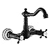 Robinet de Cuisine Antique Murale Robinet de Baignoire Mural Robinet en Laiton Bronze Robinet Mitigeur à Deux Poignées Deux Trous pour Cuisine Salle de Bain Chaud et Froid (Noir, poignée fleurie)