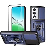 CNPUTAO Case for Oppo A5 4G / A5 5G with Tempered Glass Screen Protector,Sliding Camera Window, Kickstand, Shock-Proof Anti-Scratch Dual-Layer Phone Cover,Blue