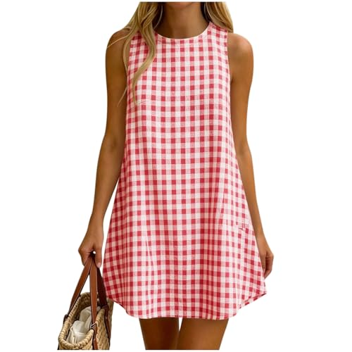 Gingham Linen Shift Dress for Women, Checkered A Line Mini Sundress