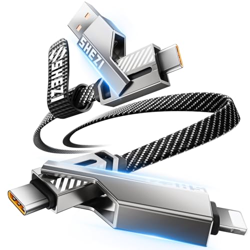 SHEZI [Upgraded 2.0] 4-in-1 USB C Cable 60W 3FT Fast Charging [480Mbps Data Transfer] Flat Nylon Braided Charger Cord Combo, USB A/C to C/L Multi Charge Cable for iPhone/iPad & Most Devices, Grey