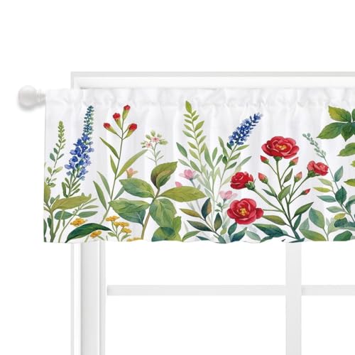 Pakena Green Botanical Kitchen Valance Vintage Red Flower Small Kitchen Curtain 18 inches Long Short Farmhouse Plant Window Tier Treatment for Bathroom Cafe Laundry Basement (1 Panel, 55 inches Wide) — view 4