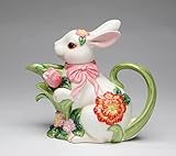 CG 10445 White Bunny with Pink Ribbon & Flower Designs Teapot Collectible