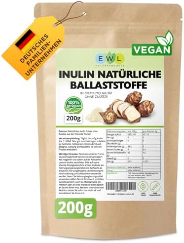 EWL Naturprodukte Inulin Pulver, 200g in Deutschland kontrolliert und abgefülltes Qualitätsprodukt, aus der Chicoree-Wurzel, Ballaststoffpulver Inulinpulver, Laborgeprüfte Qualität