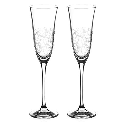 DIAMANTE Champagne Flutes Crystal Prosecco Glasses, ‘Floral’ Collection Hand Etched Glasses, Set of 2, White,burgundy - Image 2