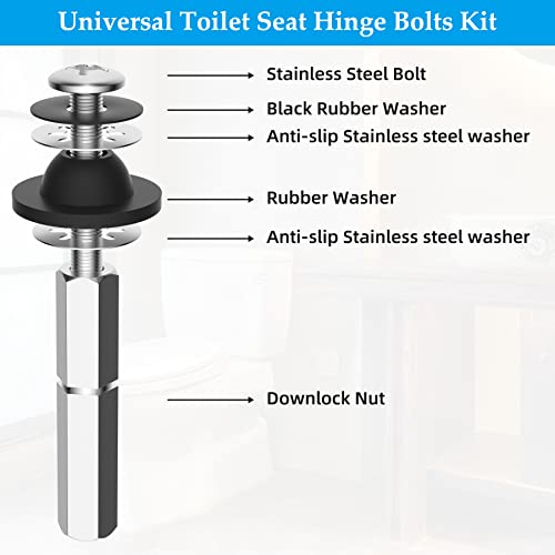 Hibbent 2 Pcs Universal Toilet Seat Bolts Kit, Heavy Duty Stainless Steel Toilet Bolts With Extra Long Downlock Nuts Rubber Washers Gaskets, Easy To Install -Bathroom Toilet Repair Screw #TOP1