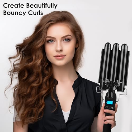 BLUETOP Three Barrel Ceramic Hair Waver with LCD Display, Adjustable Temp Triple Barrel Crimper, Fast Heating Iron, Wavy Hair, Dual Voltage, 1 Count (Pack of 1)