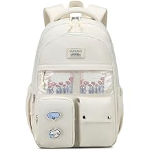 Girls Backpack for School, Cute Teens Bookbag Large Capacity for Middle High School College Women Laptop Backpack with Accessories, Beige