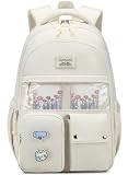 VANKANY Girls Backpack for School, Cute Teens Bookbag Large Capacity for Middle High School College Women Laptop Backpack with Accessories, Beige