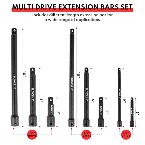 Bilitools 18-Piece Drive Tool Accessory Set, Includes 1/4" 3/8” & 1/2” Drive Extension Bars, Socket Adapter, Universal Joints, Cr-V Steel #TOP2