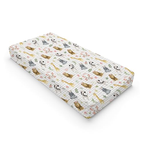 Image of Baby African Safari Animals Changing Pad Covers Lion Elephant Giraffe Hippo Zebra Floral Leaves Diaper Change Table Sheets for Girl Boy Soft Breathable Stretchy Baby Changing Table Mats 32''x16''