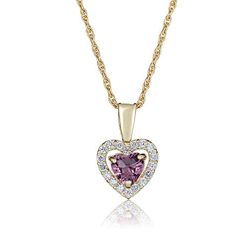 AVORA 14K Yellow Gold 12 Months 5mm Birthstone Simulated Diamond CZ Heart Halo Pendant Necklace with 18