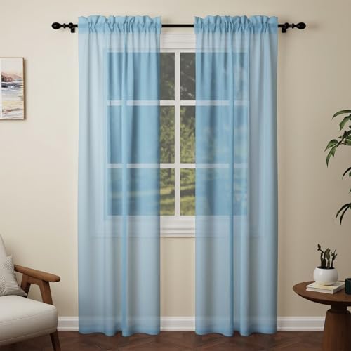 Pacok Blue Voile Curtains 90 Drop, 2 Panels Rod Pocket W56xL90 Inch