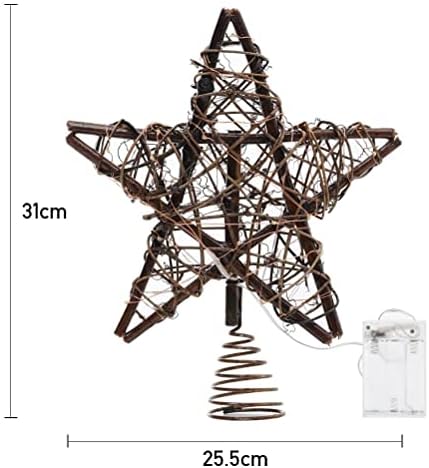 Rustic Christmas Tree Topper Star,Rattan Natural Christmas Tree Decorations Star Glittered Christmas Tree Star with 20 LED Lights,Xmas Decorations Star Ornaments for Home Xmas Decor(25.5x31cm)