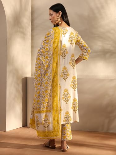 Image of Libas Printed Cotton A Line Kurta With Trouser and Dupatta | daily wear suit