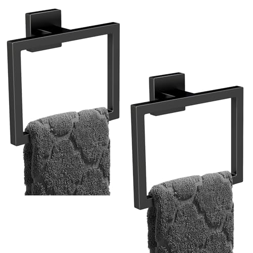 2 Pack Matte Black Hand Towel Holder, Stainless Steel Wall Mounted Hand Towel Holder for Bathroom, Modern Square Towel Ring for Bath, Kitchen, RV by FLE - Used condition - US$17.09