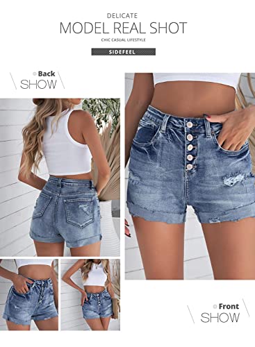 Sidefeel Women Mid Rise Distressed Button Up Folded Hem Casual Denim Jeans Shorts Medium Sky Blue #TOP3