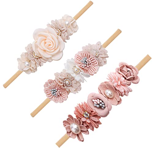Toddler Floral Crown Nylon Headband with Pearl Baby Girl Flower Elastic Hair Warp Infant Cute Hair Accessory Newborn