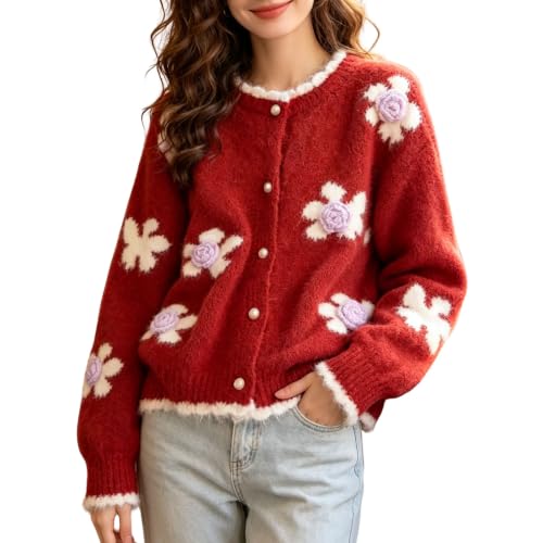 Image of FindThy Women's Kawaii 3D Floral Cardigan Long Sleeve Crewneck Knit Cardigan Sweaters