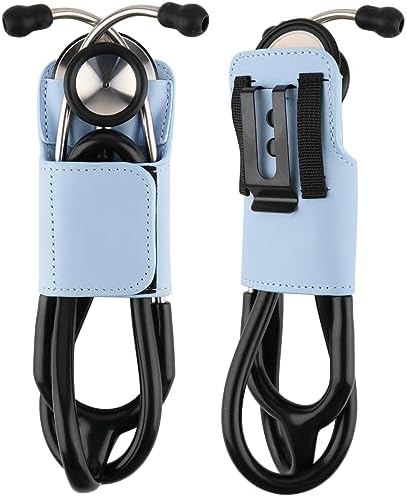 Beautyflier PU Leather Stethoscope Holder with Clip for All Models: Littmann, ADC, MDF, Adscope, Stethoscope Holder Carrier Perfect for Physicians, Nurses, EMT (Light Blue)