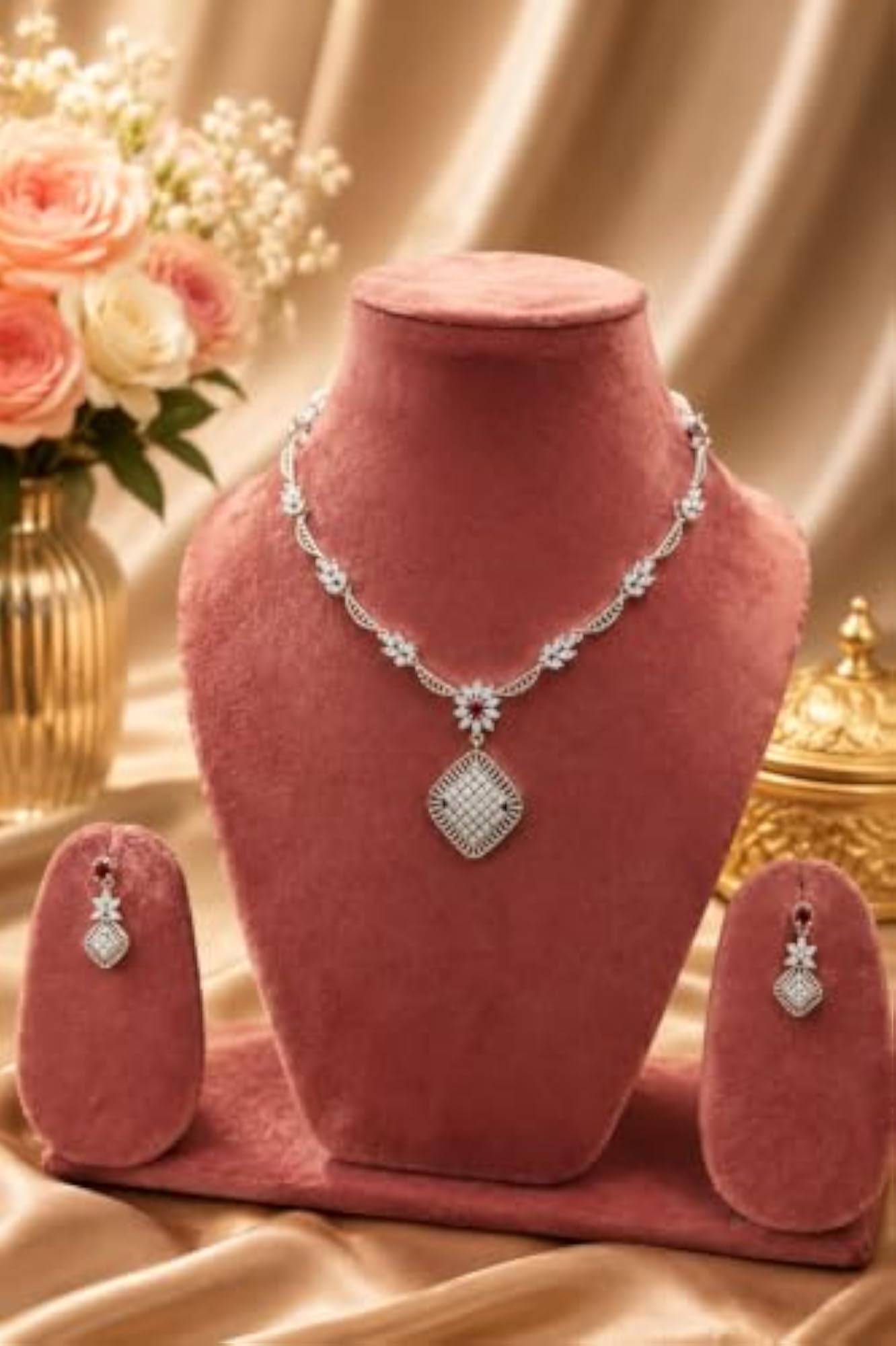 Silver-Tone CZ Necklace and Drop Earrings Set with Ruby Accents