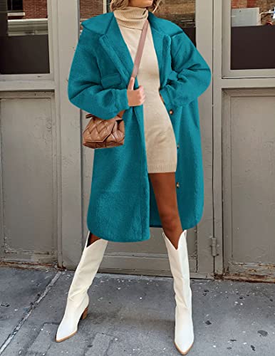Zesica Women's Winter Fuzzy Fleece Lapel Button Down Open Front Faux Fur Long Jacket Coat Outwear With Pockets,Teal,Small #TOP6