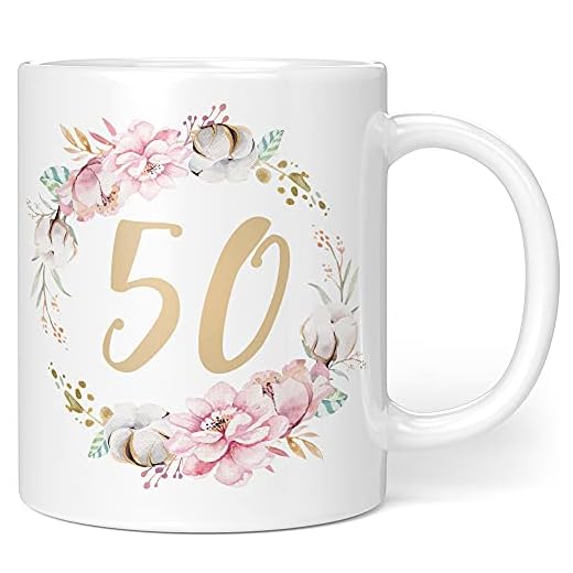 Regalo taza de cumpleaños 50 mujer – Idea de regalo para 50 cumpleaños – Regalo de cumpleaños para mujeres flores (para el 50 cumpleaños)