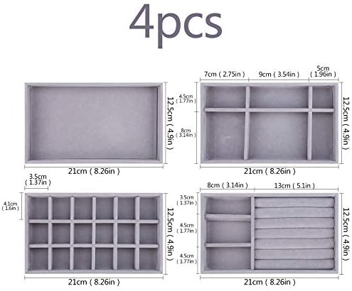 Jewelry Trays Organizer Set of 4 Velvet Stackable Jewellery Drawer Organiser Tray Earring Ring Necklace Bracelet Display Showcase Jewelry Storage Trays, 4 Style (Grey)