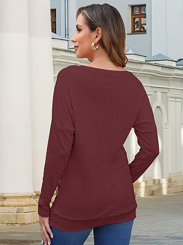 MOLERANI Tunic Tops for Women Long Sleeve Fall Winter Shirts with Leggings - Cozy Button Up Crewneck Blouses for Outdoor Activities,Wine Red,2XL