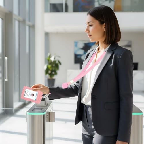 Image of Conisy ID Badge Holder with Retractable Lanyard, Vertical PU Leather ID Badge Card Holder with 2 Card Slots for Women Men (ID Badge Holder Pink)