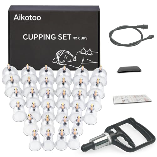 AIKOTOO 32-cup cupping kit with black hand pump and extension tube — proves the pump-and-tube setup for solo use on the back