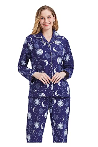 Amaxer Pyjama Femme Hiver Chaud 100% Flanelle Ensembles de Pyjama Cotton Chemise de Nuit Longue, Bleu Tournesol 3XL – vue 2