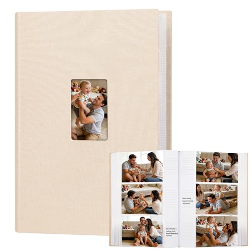 Aevdor 4x6 Photo Album, 450 Pockets, Writing Space, Linen Cover, Beige