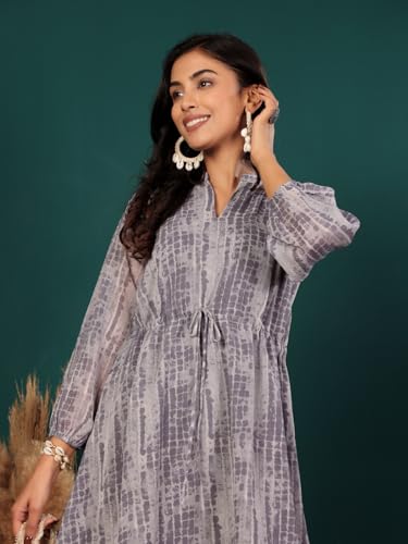 Image of Varanga Women Tie and Dye Printed Short Dress with Three-Quarter Puff Sleeves - A Stylish and Comfortable Casual Outfit