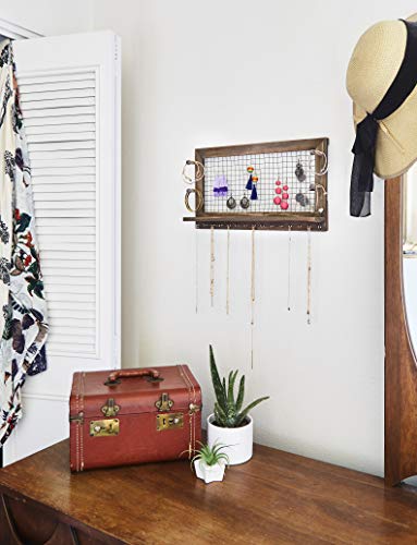 Rustic Jewelry Organizer Wall Mount with Bracelet Pegs - Necklace Holder Earring Hanger - Hanging Mounted Wooden Shelf to Display Earrings, Necklaces and Accessories from SoCal Buttercup - Thumbnail 5