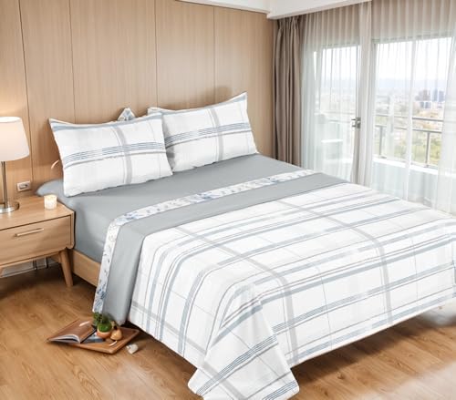 Etrexonline Conjunto de Sábanas 4 Piezas Cama 135 cm - Microfibra Ultra Suave Incluye 1 Bajera 135x200+28 cm, 1 Encimera 210x270 cm, y 2 Fundas de Almohada 50x75 cm - Color Cuadro Elegante