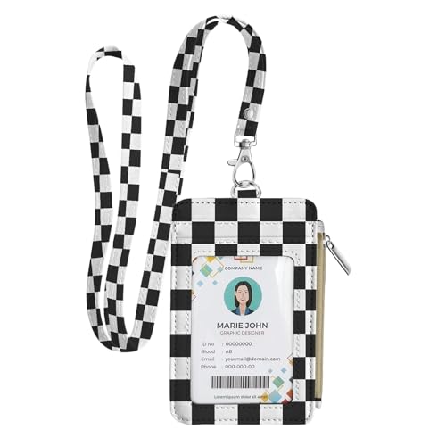 bolimoss Checkered Lanyard Wallet, Teacher Lanyard with ID Holder Small Keychain Wallet Pu Leather Slim Credit Card Holder with Breakaway Neck Strap for Key Name Tag