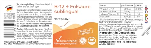 Vitamintrend Vitamin B12 500 µg + Folsäure 100 µg sublingual, 30 Tabletten, mit Acerola, hochdosiert, Nahrungsergänzungsmittel vegan, in Deutschland hergestellt