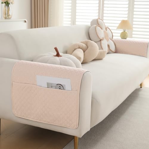 Image of HOKIPO Polyester Quilted Sofa Arm Cover With Pockets, Beige, Pack Of 2 (1 Pair) (In-787-Bge*2)