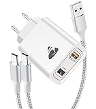 USB Ladegerät mit USB C Ladekabel 1M+2M, 2-Port USB Ladestecker mit 33W QC 3.0 Schnellladegerät...