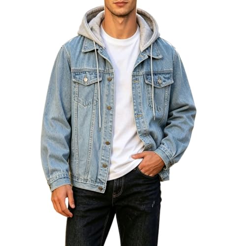 Men Denim Jacket Hoodies Casual Long Sleeve Button Down Loose Fit Jean Coat