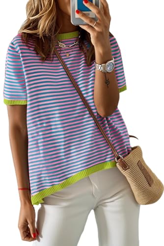 Image of Womens Sweaters Casual Crewneck Short Sleeve Striped Color Block Knitted Cotton Trendy Pullover Sweater Tops