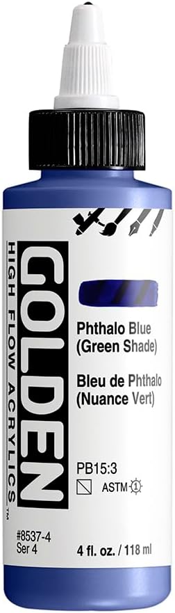 High Flow Acrylics by GOLDEN, Phthalo Blue (Green Shade), 4 fl. oz. Bottle, Professional Acrylic Paint, Semi-Transparent