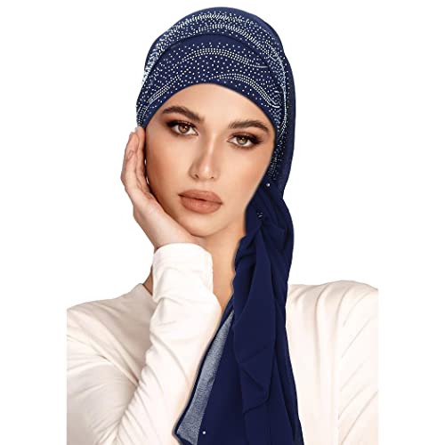 Woeoe Chiffon Muslim Hijab Navy Blue Rhinestone Long Scarf Lightweight Breathable Head Wrap Scarf Shawl For Women And Girls #TOP24
