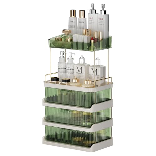 Makeup Organizer with 3 Drawers and Removable of Top Lipstick Holders, Bathroom Organizer and Dresser Storage, Vanity Countertop, Great for Cosmetics, Skincare, Perfume, Toiletr(Green)