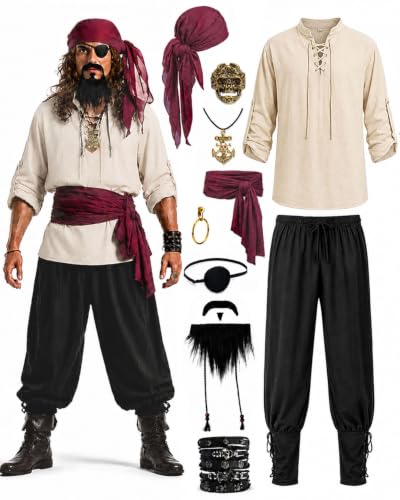 BHOLJU 10PCS Men's Pirate Costume Set, Renaissance Medieval Viking Outfit for Halloween Cosplay, Adult Pirate Party Supplies with Shirt Pants Belt Scarf Eyepatch Jewelry (White, Large)